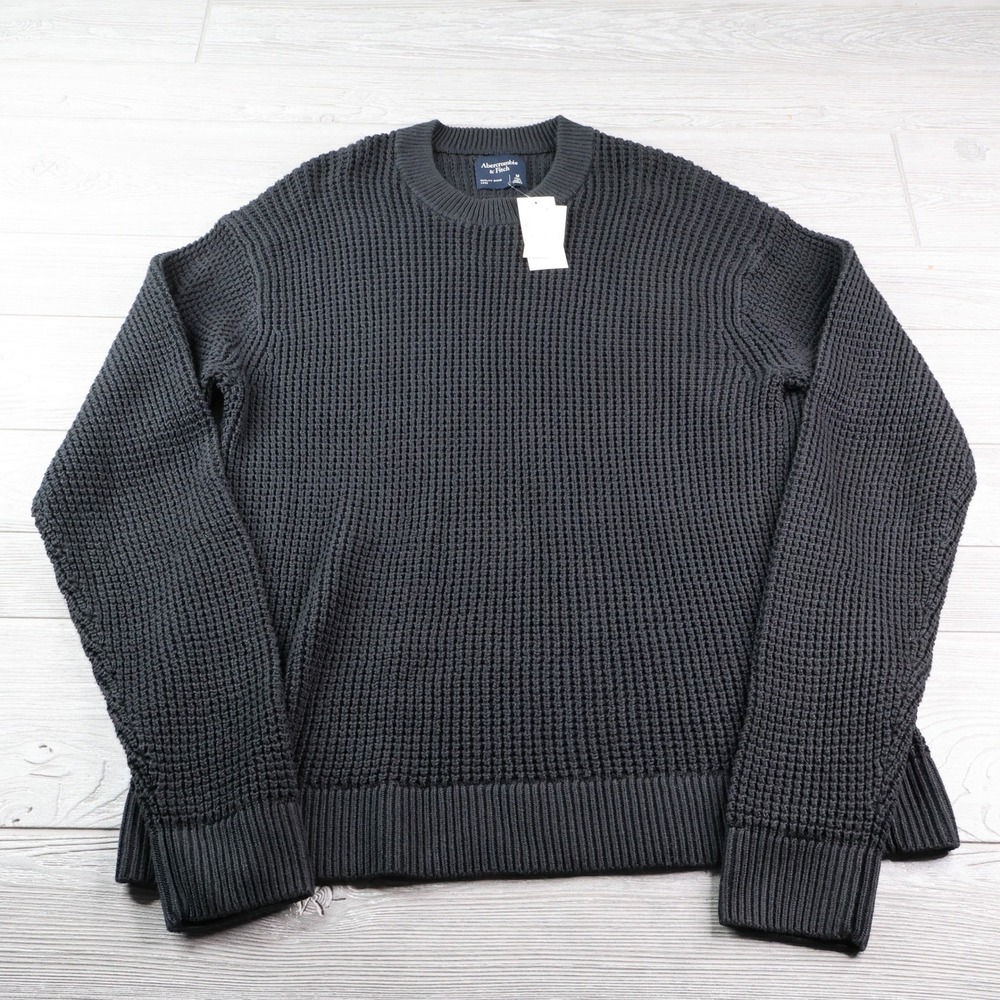 NWT Abercrombie & Fitch Waffle Knit Crewneck Sweater Men's MT Black
